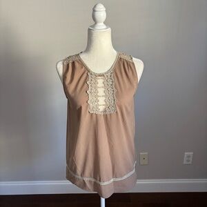 Umgee Beige Tan Sheer Lace Crochet Sleeveless Blouse Size Small
